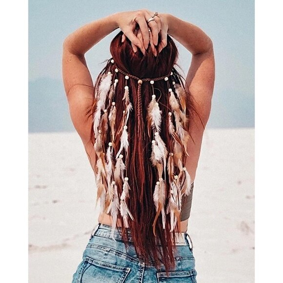 🆕 Bohemian Feather Hippie Hairband Indian Gypsy Headband White Brown Tassel NWT - Picture 2 of 9